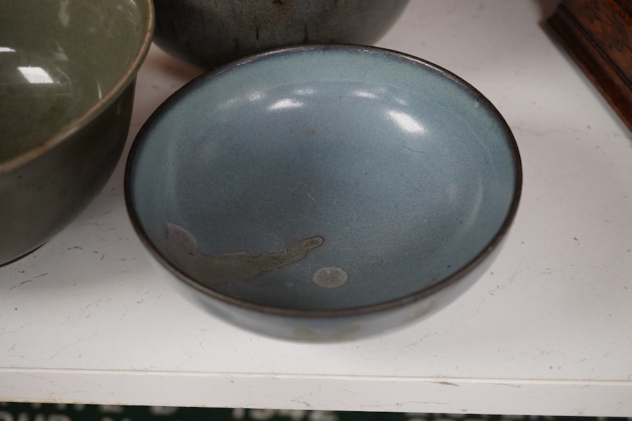 A Chinese Jun type bowl, similar two handled vase and a spinach green glazed bowl, vase 13.5cm high. Condition - all have glazing faults